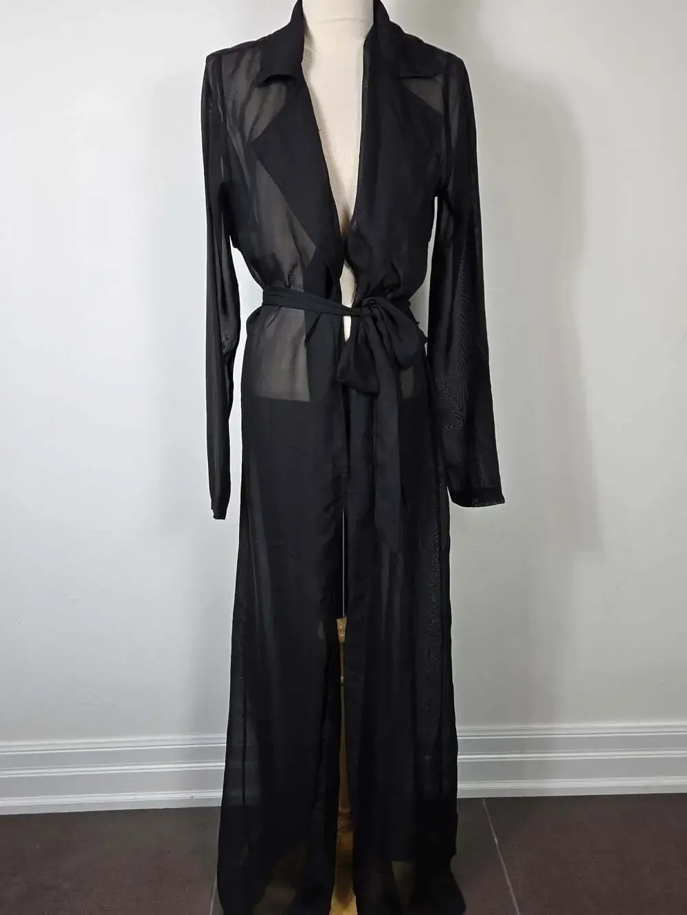 Lux LA Sheer Black Mesh Maxi Duster Robe Tie Waist Y2K Goth M